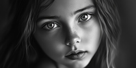 Fototapeta premium A close up, monochromatic portrait captures the essence of a young girl, emphasizing her features in stunning black and white tones.