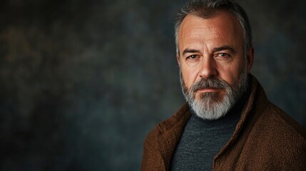 Obraz premium Portrait of a middle-aged man with a beard in a studio setting, ideal for capturing the essence of mature masculinity. This bearded mans portrait offers ample copy space.
