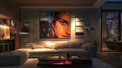 Modern living room design with a soft couch, complemented by artistic decor elements, offers an inviting atmosphere and plenty of copy space for your creative needs.