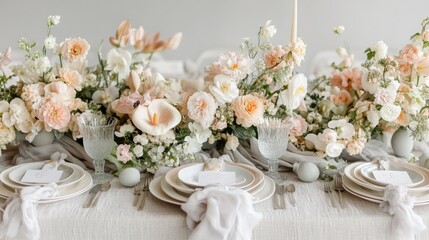 Elegant Easter table setting with pastel decorations, fresh flowers, and a cozy vibe.