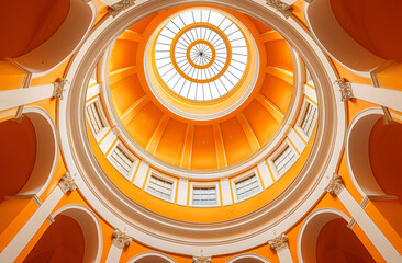 interior photo of the dome ceiling in orange color with circular skylight, architectural photography, high resolution, highly detailed