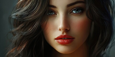Fototapeta premium An appealing woman features dark hair and well applied makeup, enhancing her attractiveness and drawing attention to her captivating look and style.