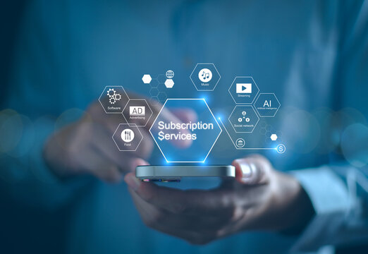 Subscription services and business model management concept, Businessman shifting to subscription models on smartphone, services for food, AI, streaming, social network, advertising, software, music