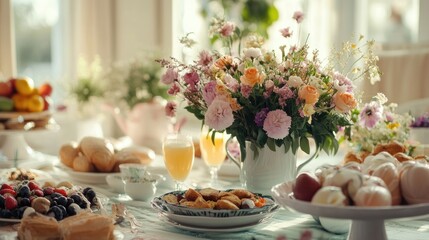 Family gathering for Easter brunch, with spring flowers and festive table decorations.
