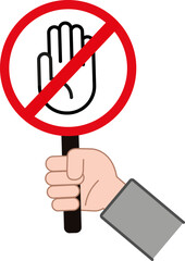 Red warning sign held by a hand symbolizing stop or no in a business or virtual setting