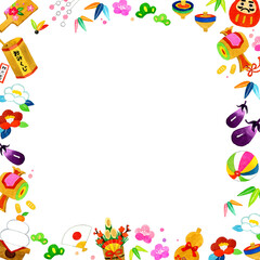 かわいい正月モチーフの背景　年賀状・新年の手描き水彩イラスト素材