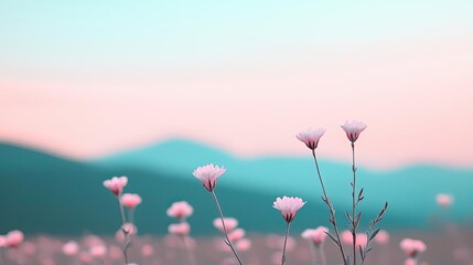 Delicate pink flowers against a serene pastel landscape.