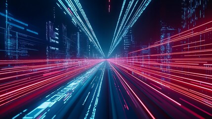 Fototapeta premium A vibrant, abstract representation of a futuristic city with speeding neon lights, capturing a sense of motion and digital energy.