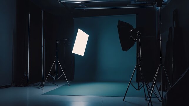 A photo studio with two lights and softboxes set up against a green backdrop.