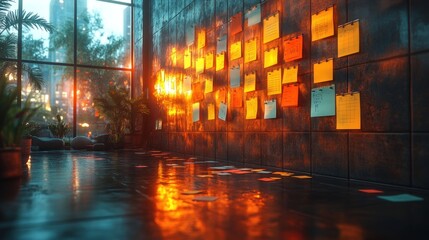 A cozy workspace with sticky notes reflecting warm light.