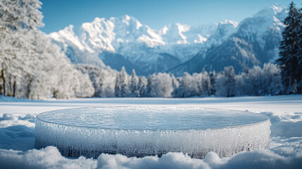 Round white podium on snowy meadow in winter forest