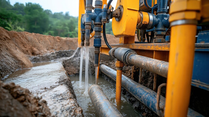 Close-up view of an industrial machine with water pipes releasing water into a muddy trench in a construction site, surrounded by soil and vegetation