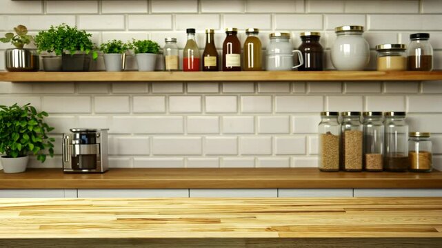 The image shows a clean kitchen counter with a wood countertop and a white tiled backsplash