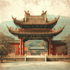 Traditional Chinese temple with intricate architecture set against a mountainous backdrop