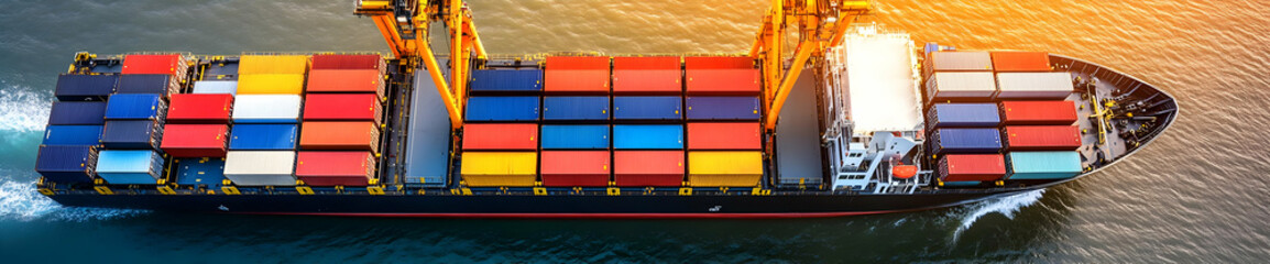 Aerial view of a cargo ship loaded with colorful shipping containers on water. AI Image