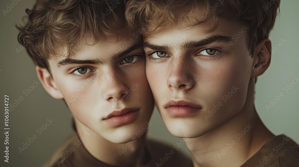 Fototapete two striking twin brothers pose with serious expressions, highlighting their unique features and str