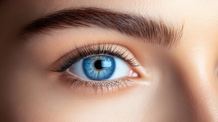 Obraz premium Close-up of the mesmerizing blue eyes of an adult woman, highlighting the beauty of her blue eyes with captivating detail and ample copy space for creative use.
