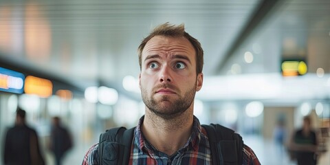 Fototapeta premium A confused male traveler is looking directly forward, his expression showing a mix of uncertainty and surprise as he gazes into the distance.