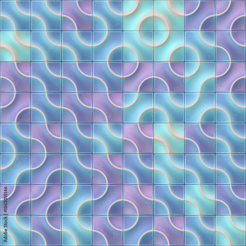 Aufkleber Digital illustration of a colorful wavy pattern with lines and circles that flow seamlessly into each other. Neon retro futurism with optical art elements. 3d rendering