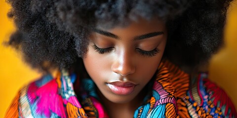 A young African woman is captured up close, showcasing her vibrant afro hairstyle. She is wearing a colorful shawl and has her eyes gently closed.