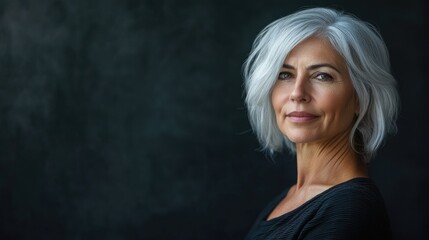 Fototapeta premium Portrait of a mature woman captured against a dark background, highlighting the natural beauty and character of the mature woman, with space for text and design elements.
