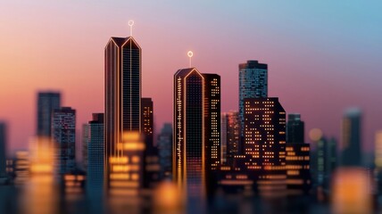 Fototapeta premium A vibrant urban skyline at dusk, featuring high-rise buildings with illuminated accents against a colorful sunset backdrop.