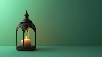 A decorative lantern with a lit candle, set against a calming green background. AI Image