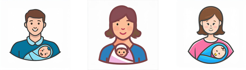 Fototapeta premium Three cartoon illustrations of parents holding babies.