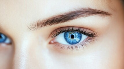 Obraz premium Close-up of the mesmerizing blue eyes of an adult woman, highlighting the beauty of her blue eyes with captivating detail and ample copy space for creative use.