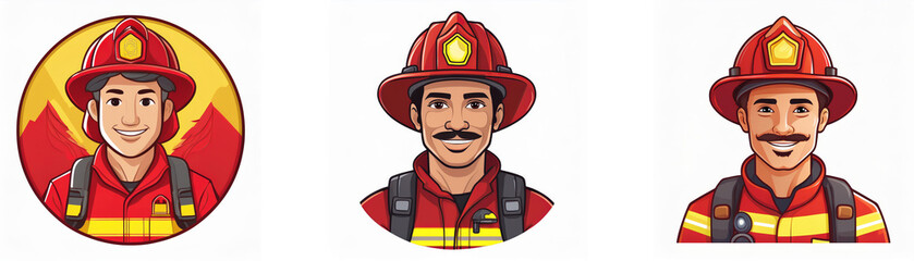 Three cartoon firefighters in red uniforms with yellow stripes and helmets, one in a circle with a background image of red mountains.