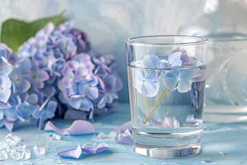 Delicate blue hydrangeas in glass and water still life. Concept of blue Monday