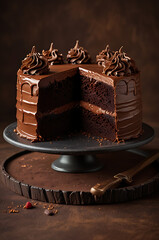 Chocolate cake with rich frosting on a brown background.