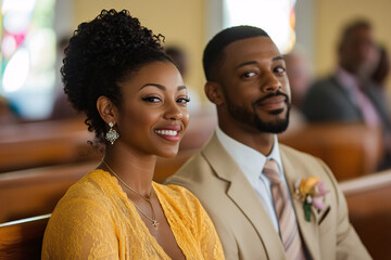 A couple of wedding guests smiling warmly seated in a church wearing elegant attire capturing the joy and celebration of the occasion
