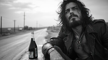 A contemplative man resting by a deserted road with a drink.