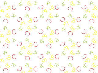This image showcases a dynamic and playful alphabet pattern composed of red, yellow, and green letters on a white background.