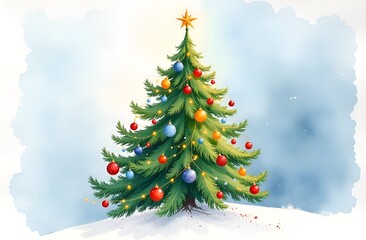 Fototapeta premium watercolor drawing, decorated Christmas tree on the right, place for text on the left, blue background