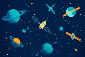 Cartoon drawing satellites space planets milky way
