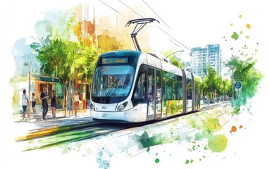 Obraz premium Illustrate a vibrant vector sketch of a modern tram in a green city environment, surrounded by people engaged in daily activities. 