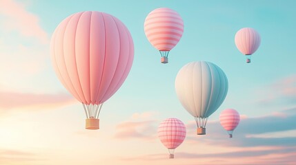 Fototapeta premium Colorful hot air balloons soaring in a serene sky at sunrise.