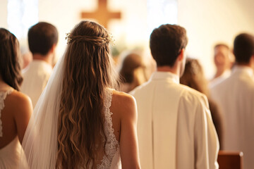 Obraz premium The bride, with flowing hair and veil, stands among guests facing the altar in a church, capturing a serene and sacred wedding moment 