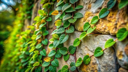 Closeup of Ficus Pumila Leaves on a Stone Wall: Soft Green Leaves Creeping in a Natural Setting with a Soft Focus Background for Surreal Photography Enthusiasts