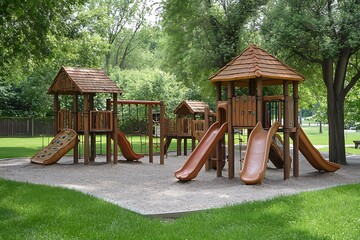 Slides and climbing structures create an engaging play area for children in a park setting