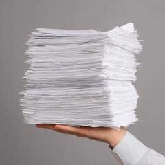 A hand holding a large stack of papers, indicating paperwork or documentation.