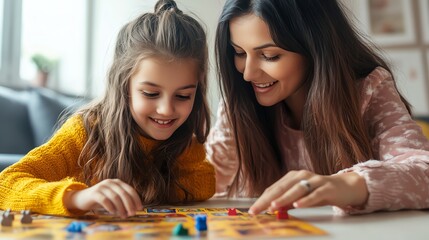 A mother and her young daughter are playing a board game together.