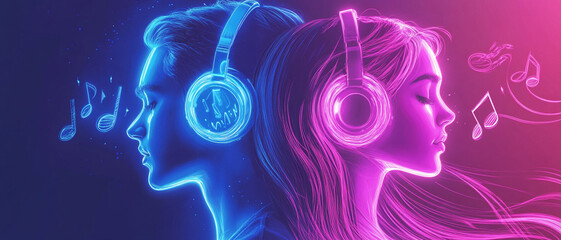 young people with headphones and closed eyes listen to music. notes and instruments around their heads