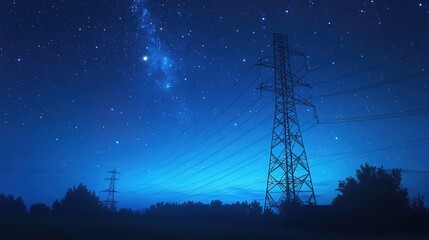 Electricity transmission towers cable blue glowing wires the starry night sky