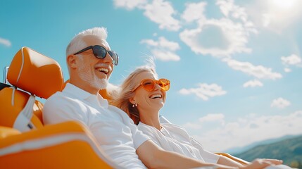 Senior couple travel wealth freedom concept. A joyful senior couple smiles while enjoying a scenic ride on a sunny day, embracing life with laughter and love.