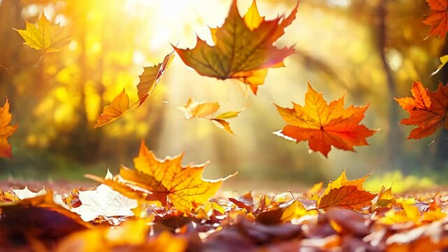 Golden autumn leaves float through the air, illuminated by warm sunlight in a peaceful forest, capturing the essence of fall.