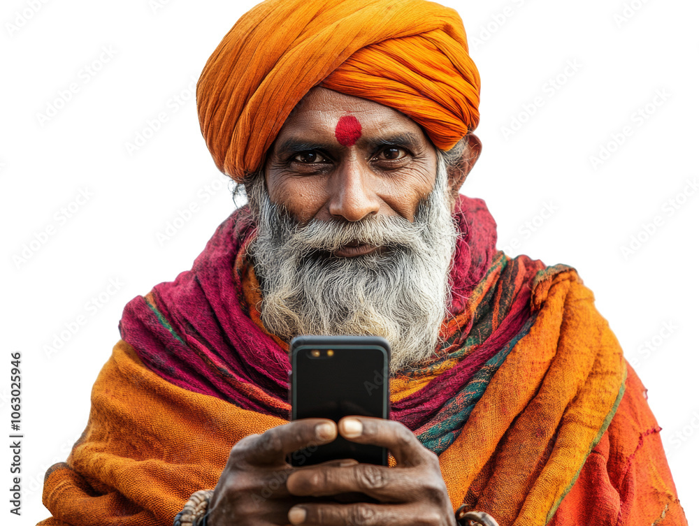 Poster indian man with a mobile phone isolated transparent background
