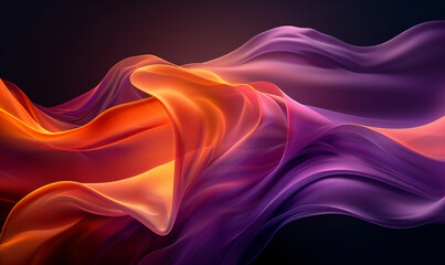 Abstract background with wavy lines and waves of light in orange, red and purple colors on a black...